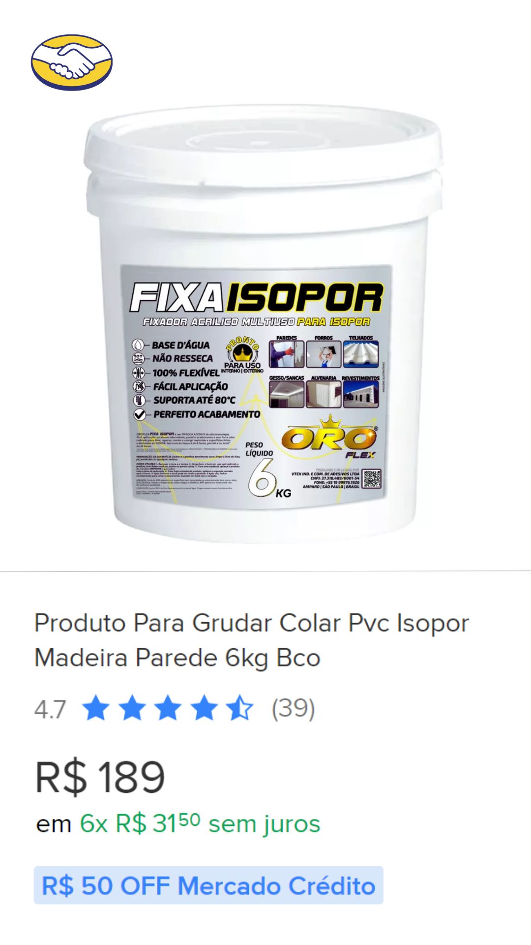 Produto Para Grudar Colar Pvc Isopor Madeira Parede 6kg Bco