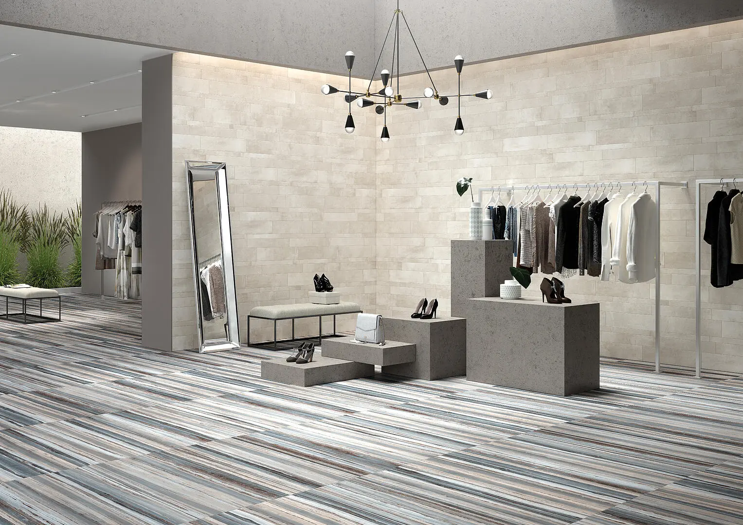 Loja de roupas moderna com piso laminado que imita madeira de tons frios e detalhes em cinza.