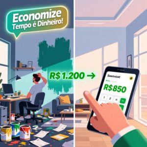 Homem cansado pintando parede versus aplicativo moderno oferecendo economia.