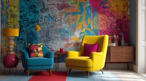 Sala moderna com mural colorido, poltronas vibrantes e decoração eclética.