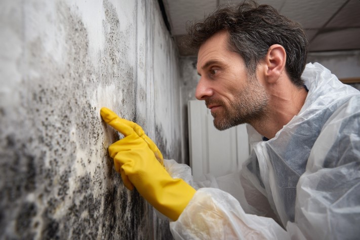 Profissional inspeciona parede com mofo, aplicando soluções para umidade e mofo.